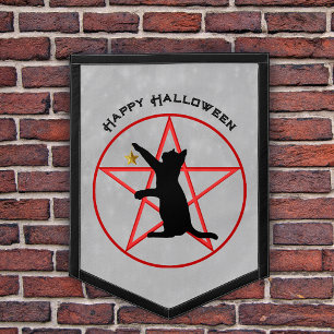 Halloween Witchy Black Cat Red Pentagram on Grey Pennant