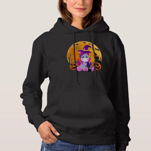 Halloween Witchy Unicorn Black Cat Pumpkin Girls W Hoodie (Front)