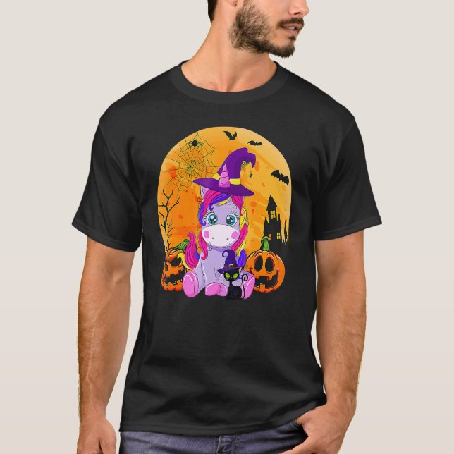 Halloween Witchy Unicorn Black Cat Pumpkin Girls W T-Shirt (Front)