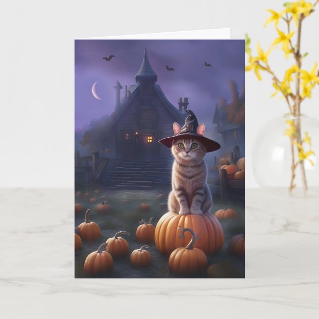 Halloween with Cute Cat and Pumpkins Scary Mansion Card (Yellow Flower)