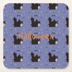 Halloween with ghosts witches and bats square paper coaster