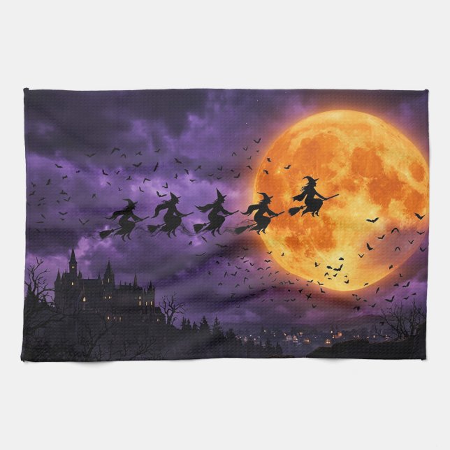 Halloween with Moon and Witch Kitchen Towel (Horizontal)