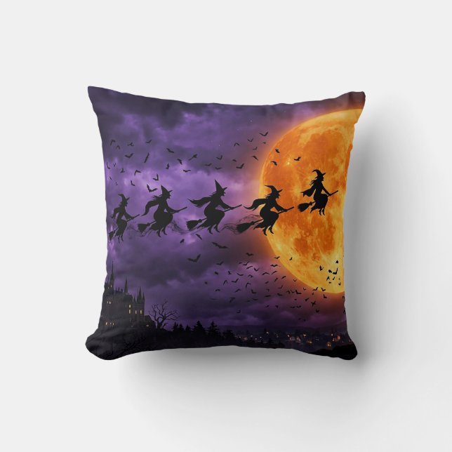 Halloween with Moon and Witch Throw Pillow (Front)