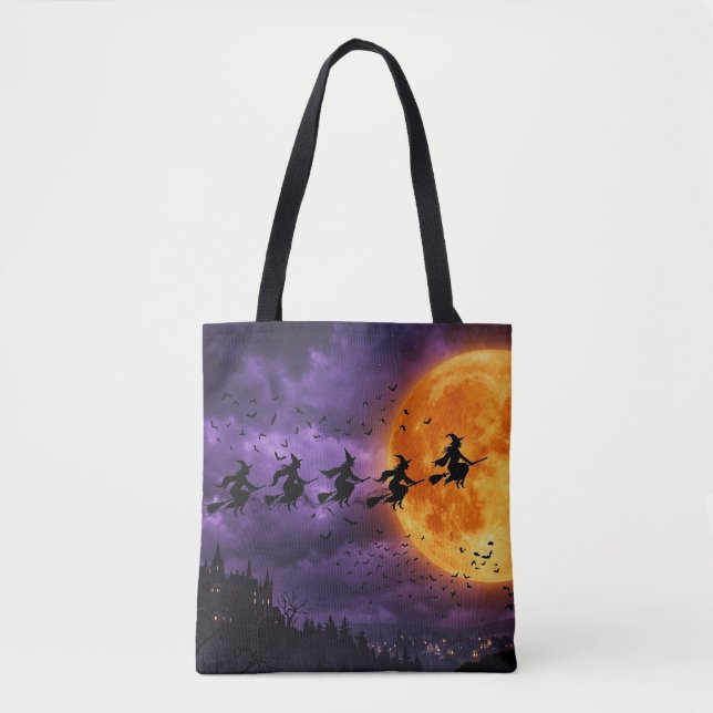 Halloween with Moon and Witch Tote Bag (Front)