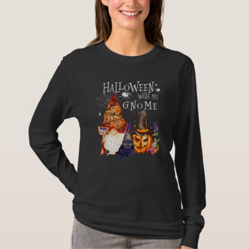 Halloween With My Gnomes Pumpkin Black Cat Hallowe T_Shirt