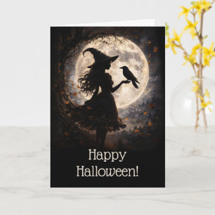 Halloween with Pretty Witch and Raven Silhouetted Card