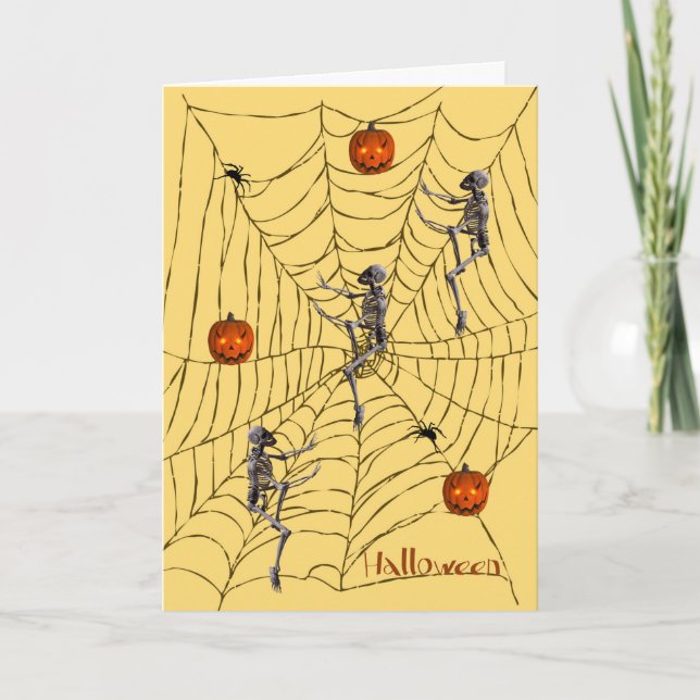 Halloween with Skeletons, Pumpkins, Spiders & Web Card (Front)