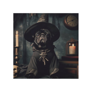 Halloween Wizard Black Pug Pillow Wood Wall Art