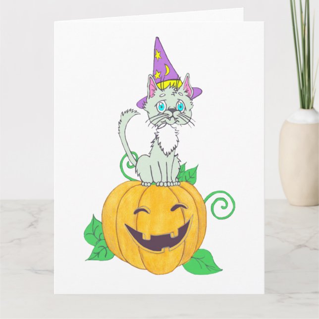 Halloween Wizard Cat on Pumpkin Card (Front)