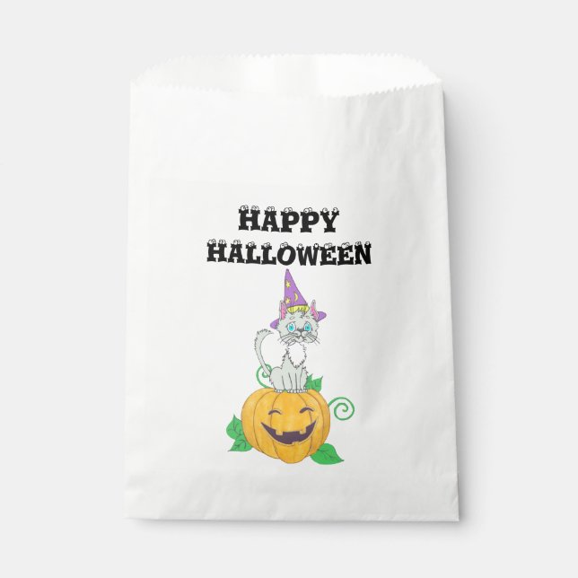 Halloween Wizard Cat on Pumpkin Favor Bag (Front)