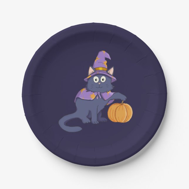 Halloween Wizard Cat with Pumpkin Paper Plates (Front)