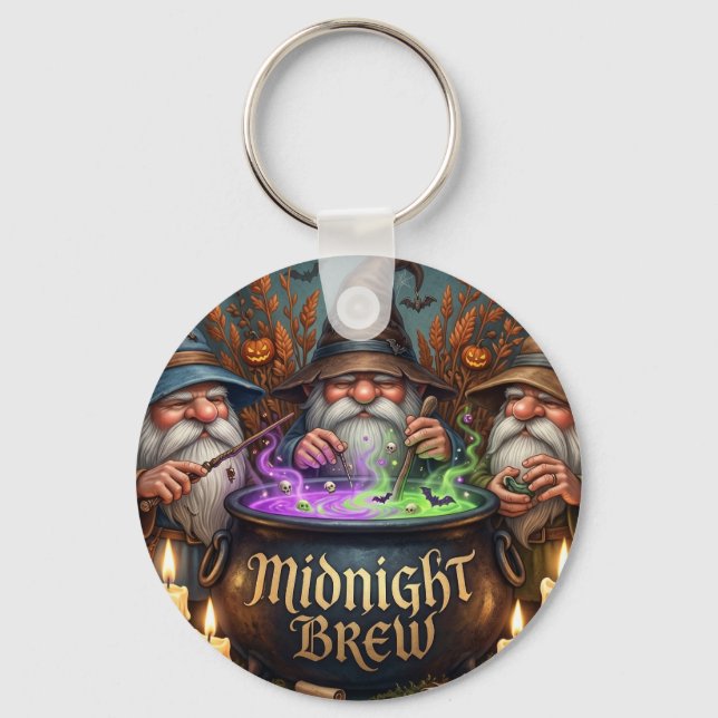 Halloween Wizard Gnomes Midnight Brew Cauldron Keychain (Front)