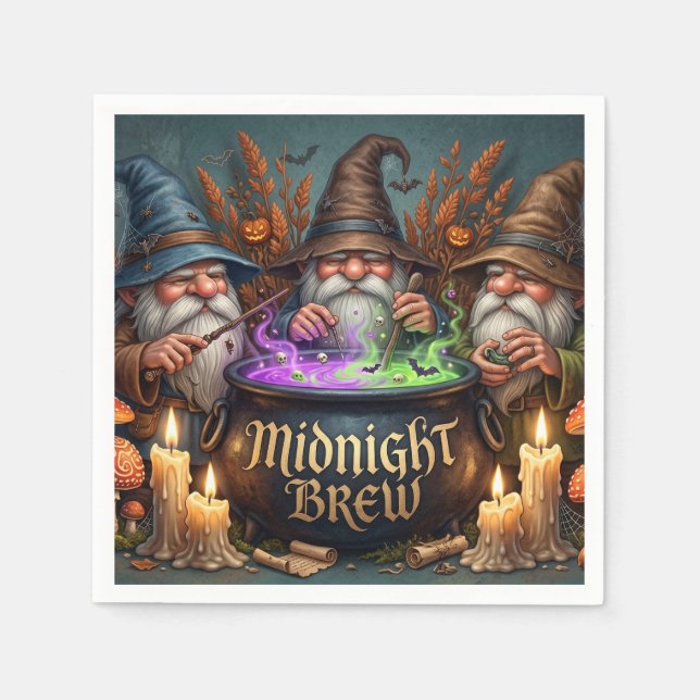 Halloween Wizard Gnomes Midnight Brew Cauldron Napkins (Front)