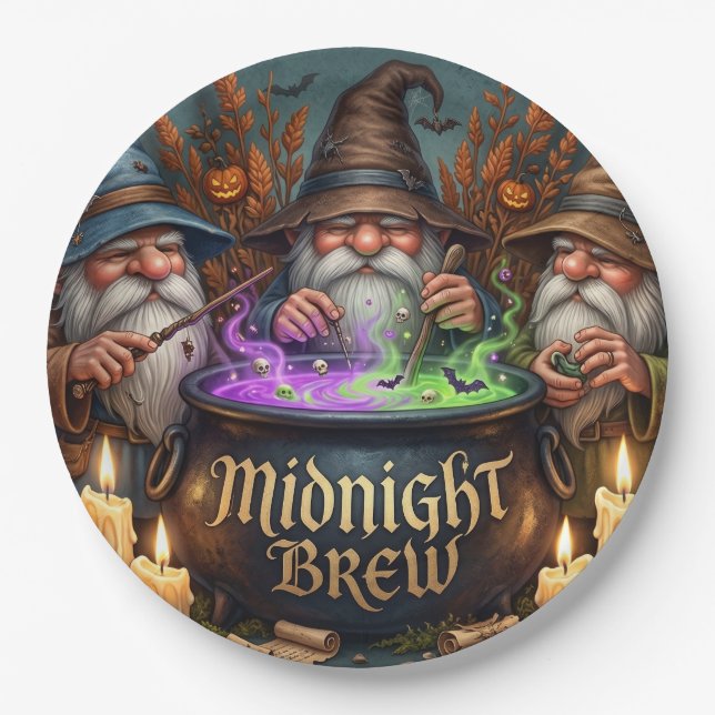 Halloween Wizard Gnomes Midnight Brew Cauldron Paper Plates (Front)