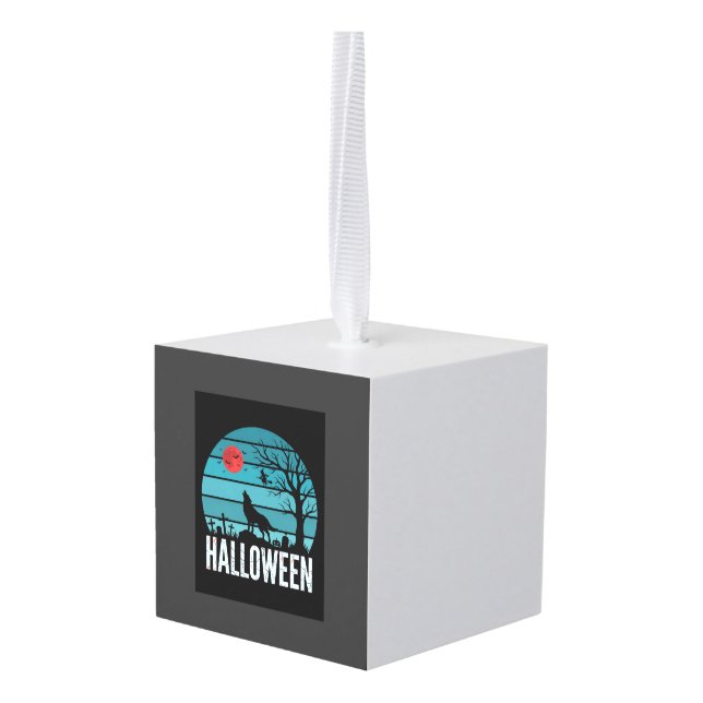 Halloween Wolf Graveyard Moon Vector Cube Ornament (Back Angled)