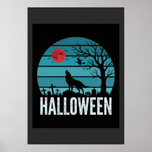 Halloween Wolf Graveyard Moon Vector Poster