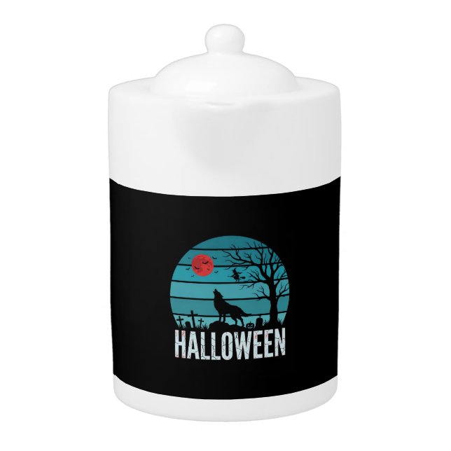 Halloween Wolf Graveyard Moon Vector Teapot (Front)