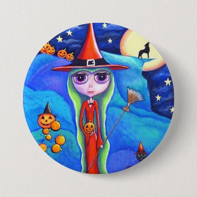 Halloween Wolf Witch Black Cat Cauldron Pumpkins Button (Front)