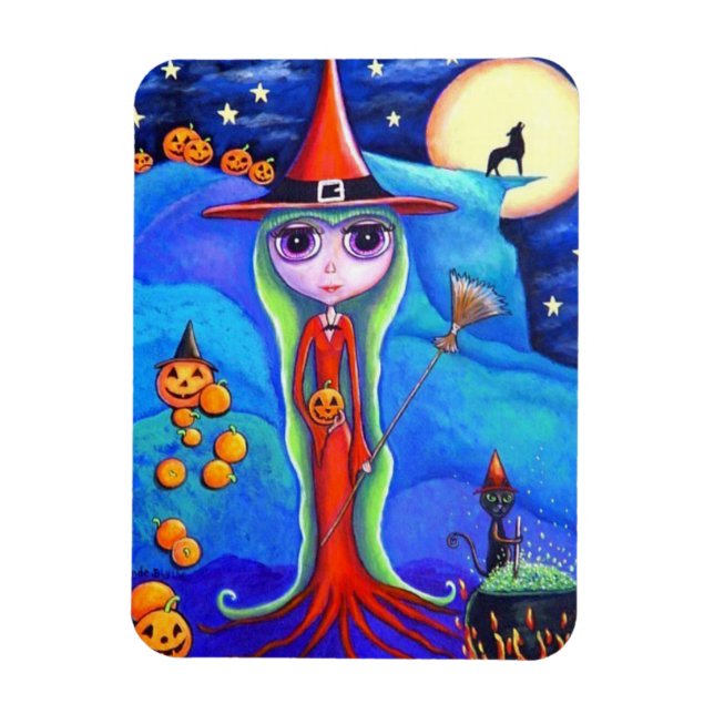Halloween Wolf Witch Black Cat Cauldron Pumpkins Magnet (Vertical)