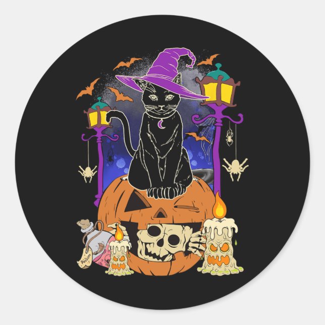 Halloween  Women Men Kids Halloween Black Cat Pump Classic Round Sticker (Front)