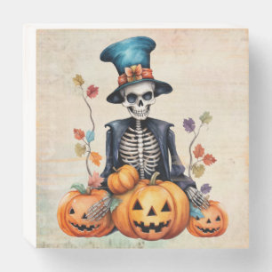Halloween Wood Box Sign with Grinning Skeleton