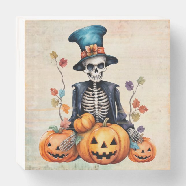 Halloween Wood Box Sign with Grinning Skeleton (Front Horizontal)