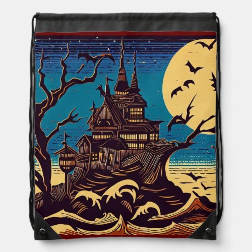 Halloween _ Woodcut Style 4 Drawstring Bag