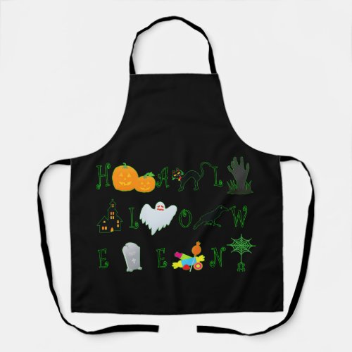 Halloween word and funny scary illustrations apron