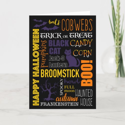 Halloween Word Collage with Bats  Cat Card