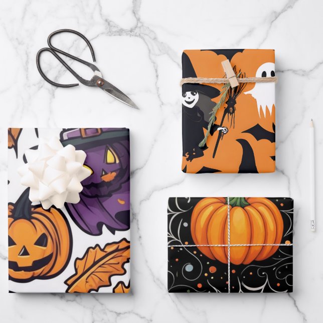 Halloween Wrapping Paper Pumpkin Witch Design (Front)