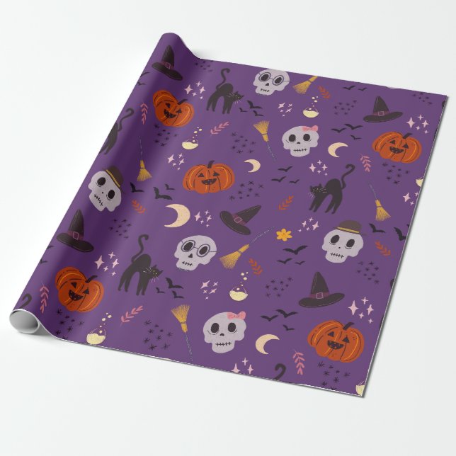 Halloween Wrapping Paper – Pumpkins, Skulls, Cats  (Unrolled)