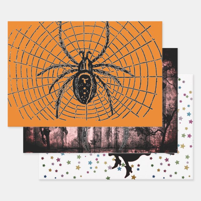 HALLOWEEN WRAPPING PAPER SET WITCH AND SPIDERS (Set)