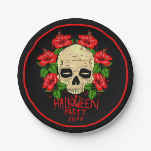 Halloween Year 20xx Skull Red Hibiscus Black  7" Paper Plates