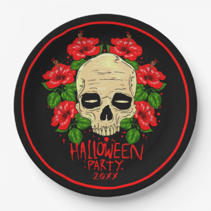 Halloween Year 20xx Skull Red Hibiscus Black 9" Paper Plates