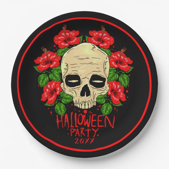 Halloween Year 20xx Skull Red Hibiscus Black  9"   Paper Plates (Front)