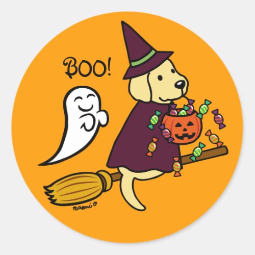 Halloween Yellow Labrador and Broom Classic Round Sticker