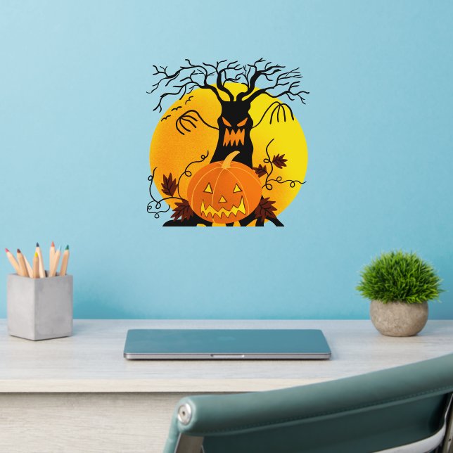 Halloween Yellow Scary Moon Tree Pumpkin 12" sq  W Wall Decal (Home Office 2)
