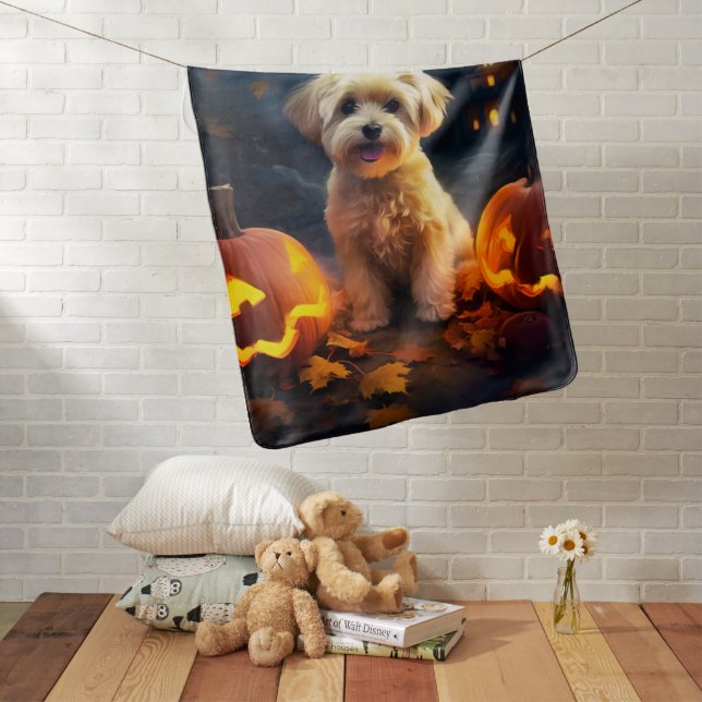 Halloween Yorkipoo With Pumpkins Scary Baby Blanket (In Situ)