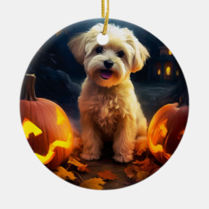 Halloween Yorkipoo With Pumpkins Scary Ceramic Ornament