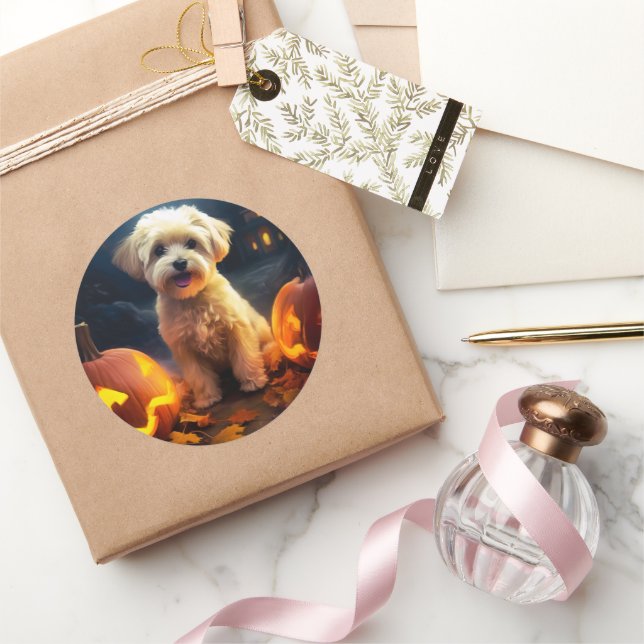 Halloween Yorkipoo With Pumpkins Scary Classic Round Sticker (Gifting)