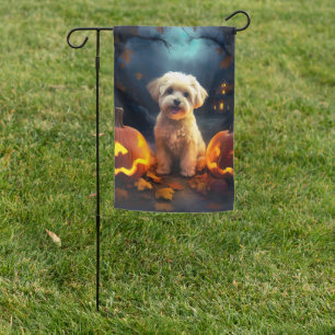 Halloween Yorkipoo With Pumpkins Scary Garden Flag