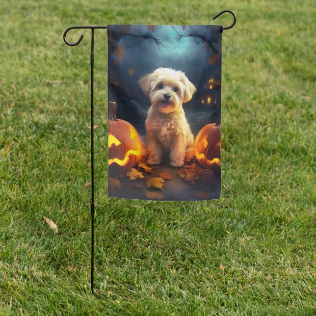 Halloween Yorkipoo With Pumpkins Scary Garden Flag (In SItu)