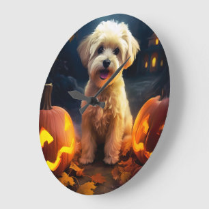 Halloween Yorkipoo With Pumpkins Scary Large Clock