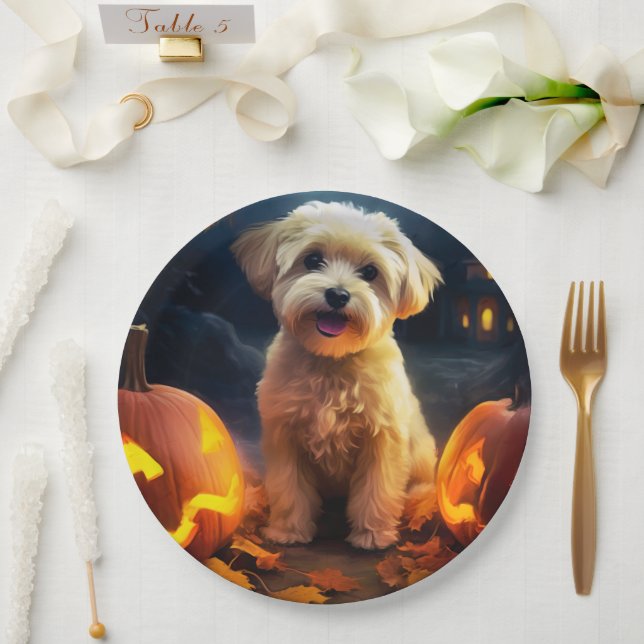 Halloween Yorkipoo With Pumpkins Scary Paper Plates (Wedding)