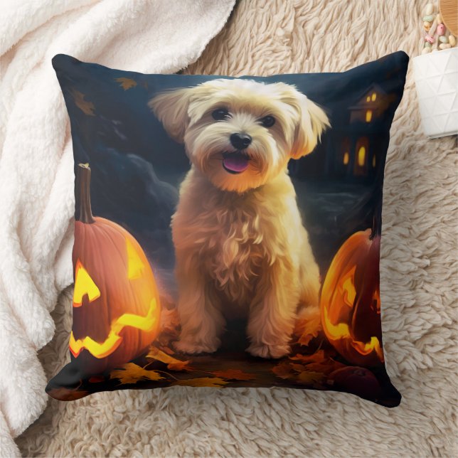 Halloween Yorkipoo With Pumpkins Scary Throw Pillow (Blanket)