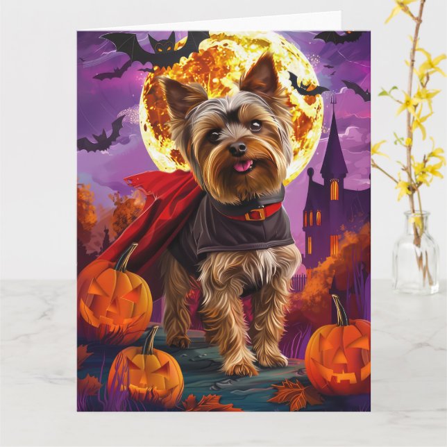 Halloween Yorkshire Terrier Vampire Pumpkins Scary Card (Yellow Flower)