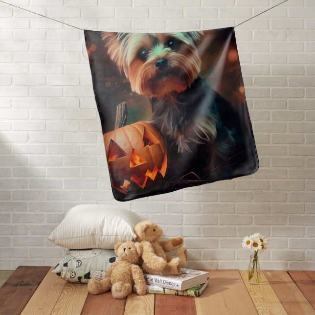 Halloween Yorkshire Terrier With Pumpkins Scary Baby Blanket (In Situ)