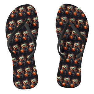 Halloween Yorkshire Terrier With Pumpkins Scary Flip Flops