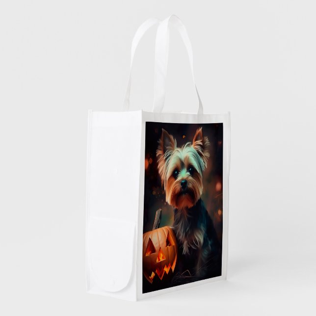 Halloween Yorkshire Terrier With Pumpkins Scary Grocery Bag (Front Side)