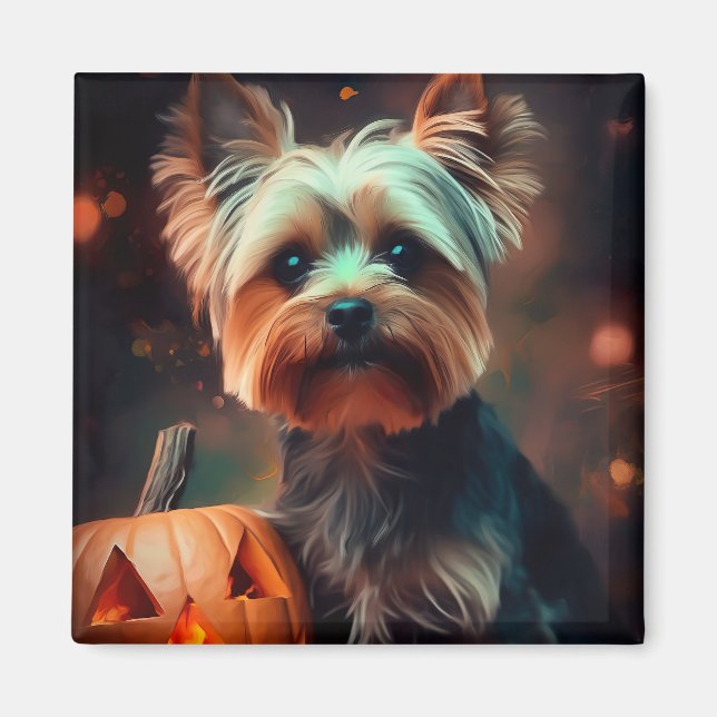 Halloween Yorkshire Terrier With Pumpkins Scary Magnet (Front)